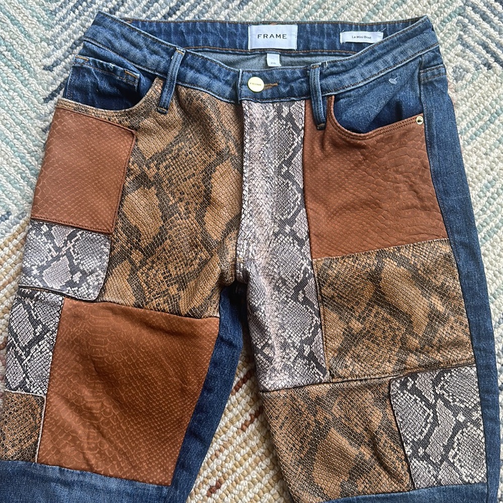 Frame Le Mini Boot Cut Patchwork Snake Skin Jeans - image 1